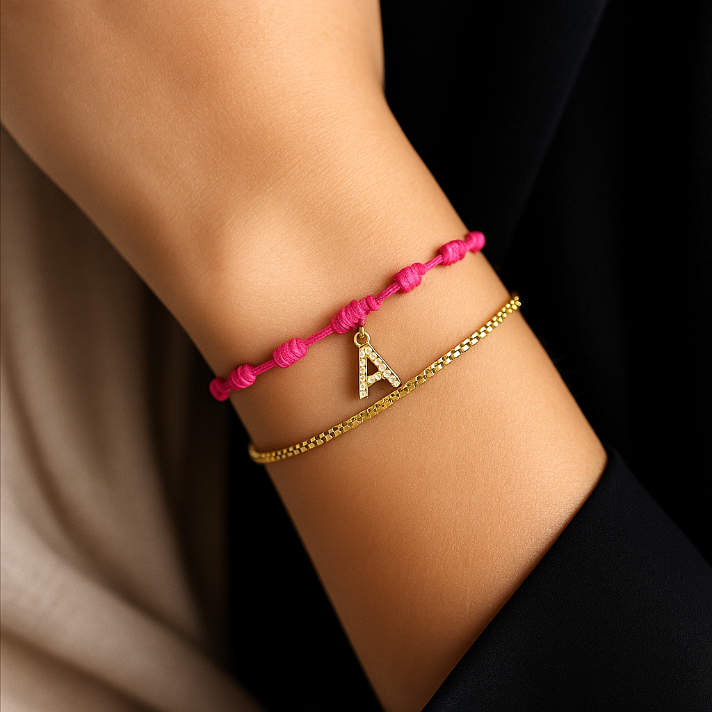 Set Pulseras Dorada + Fucsia con Inicial Personalizada