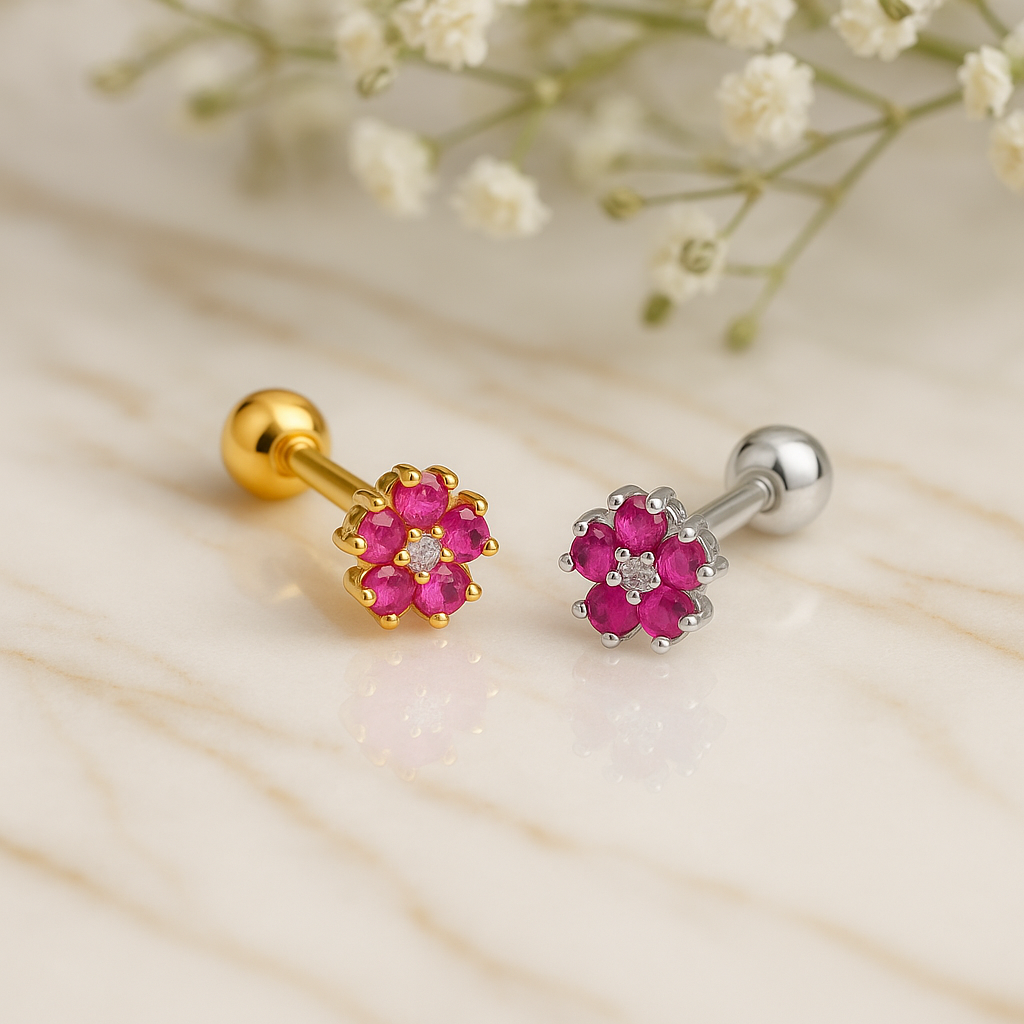 Pendiente Flor Anémona Rosa Oro