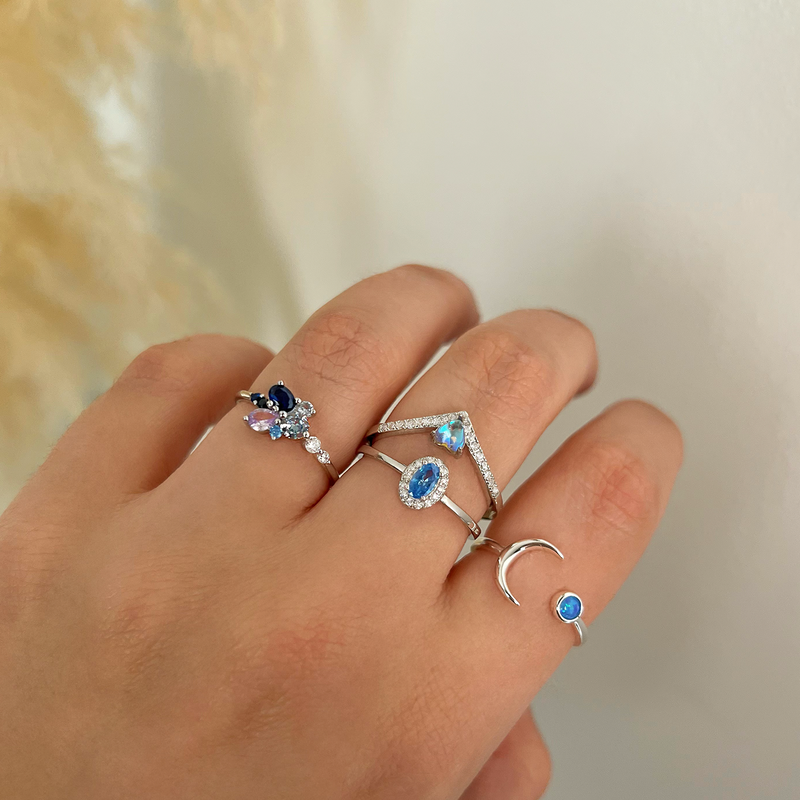 Anillo Mini Oval Celeste Plata