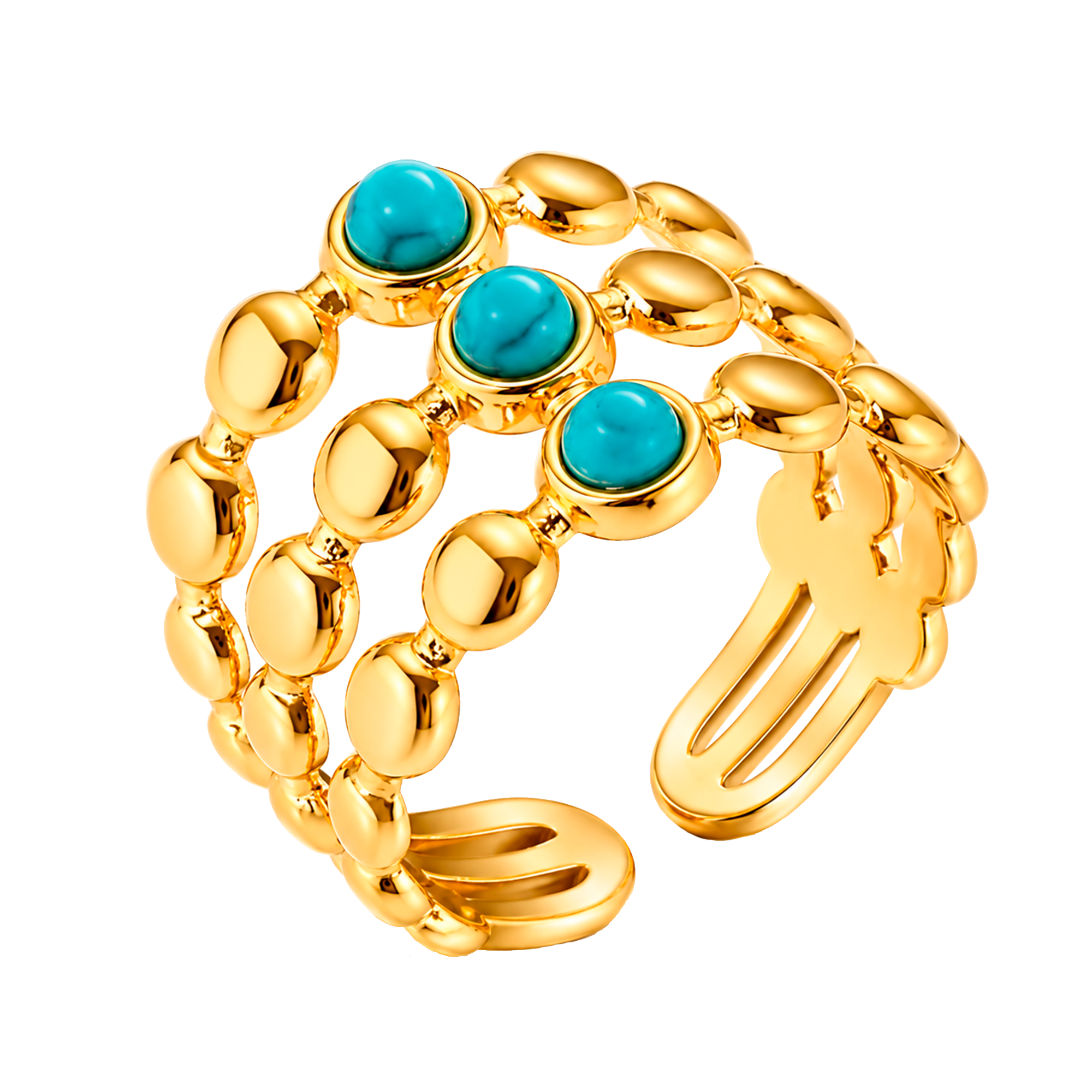 Anillo Triple Bolitas Turquesa Oro