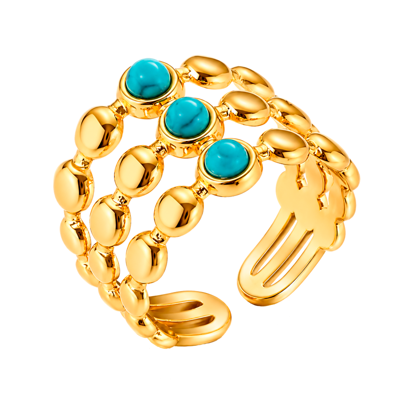 Anillo Triple Bolitas Turquesa Oro