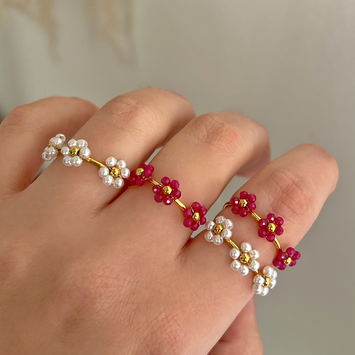 Anillo Triple Flower Fucsia Oro