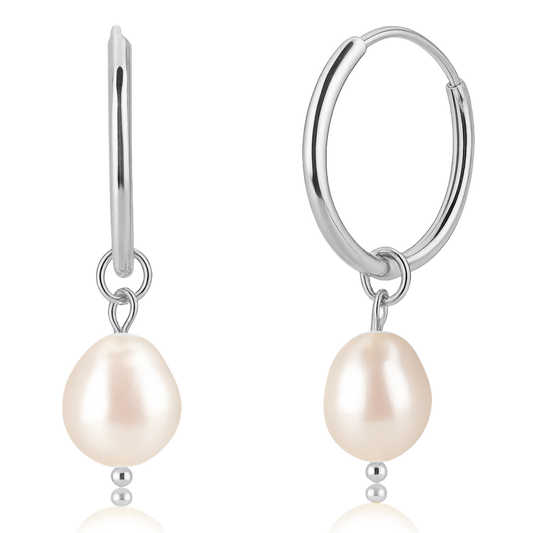 Silver Pearl Hoops 