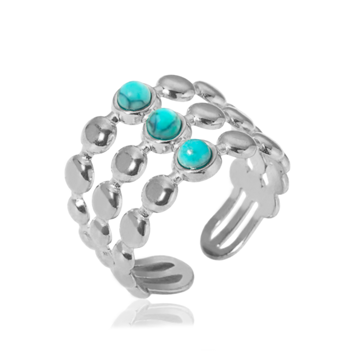 Anillo Triple Bolitas Turquesa Plata