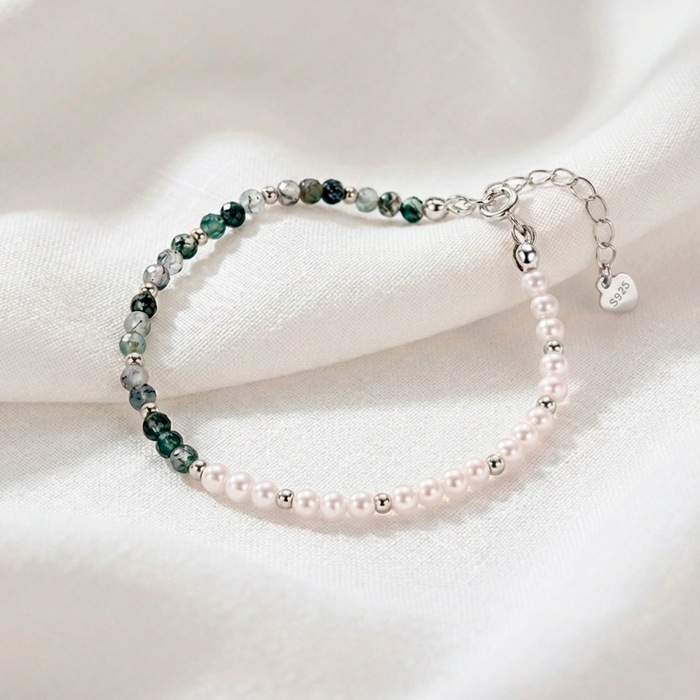 Pulsera Ágata Verde y Perlas Plata