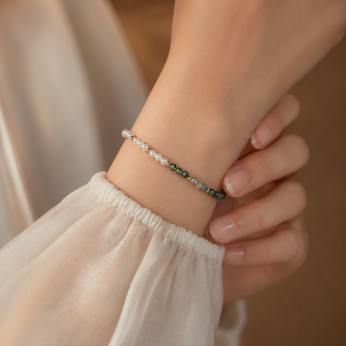 Pulsera Ágata Verde y Perlas Oro