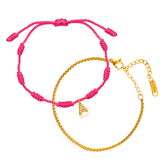 Set Pulseras Dorada + Fucsia con Inicial Personalizada