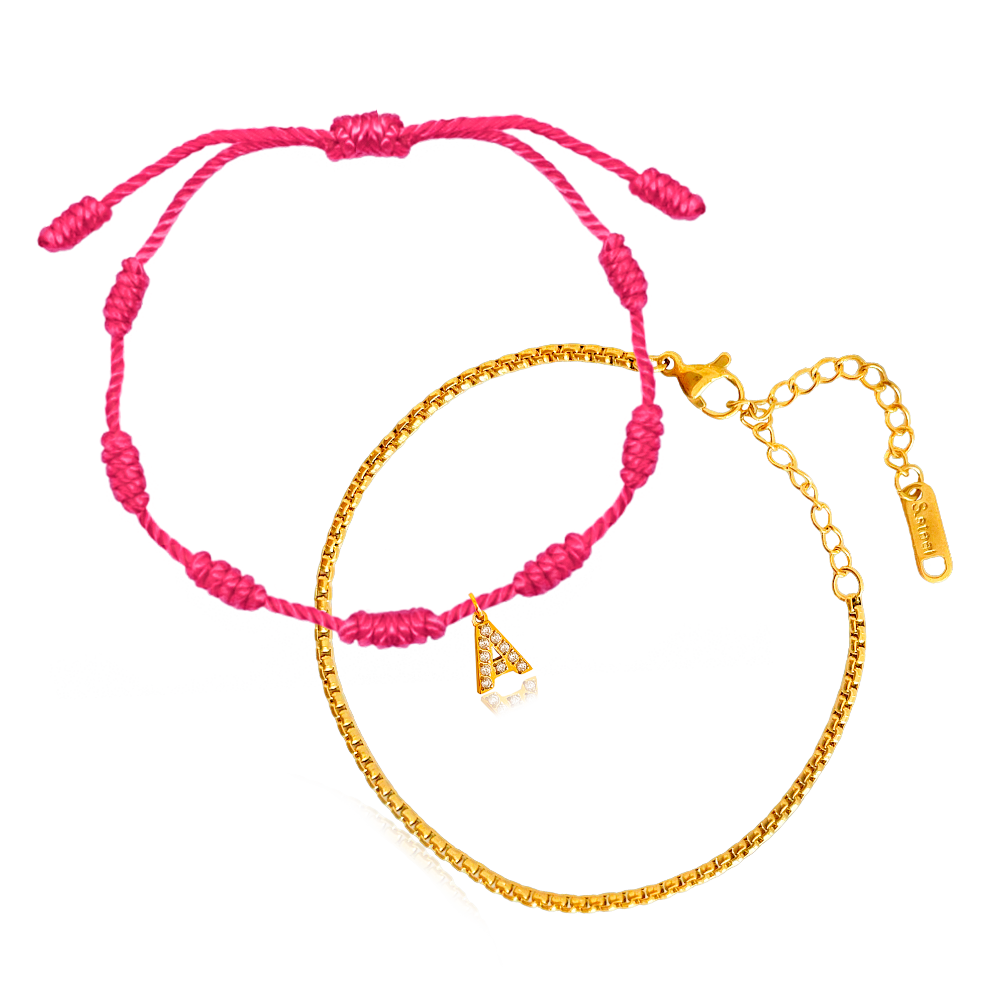 Set Pulseras Dorada + Fucsia con Inicial Personalizada