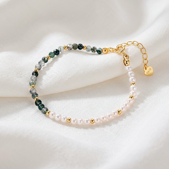Pulsera Ágata Verde y Perlas Oro