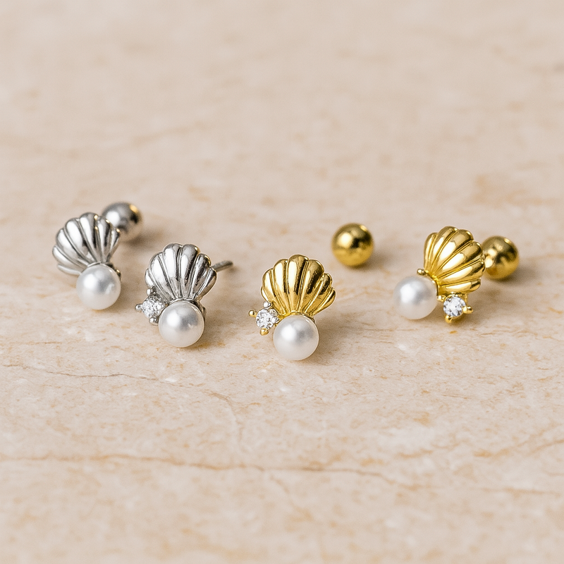 Pendiente Concha y Perlita Oro