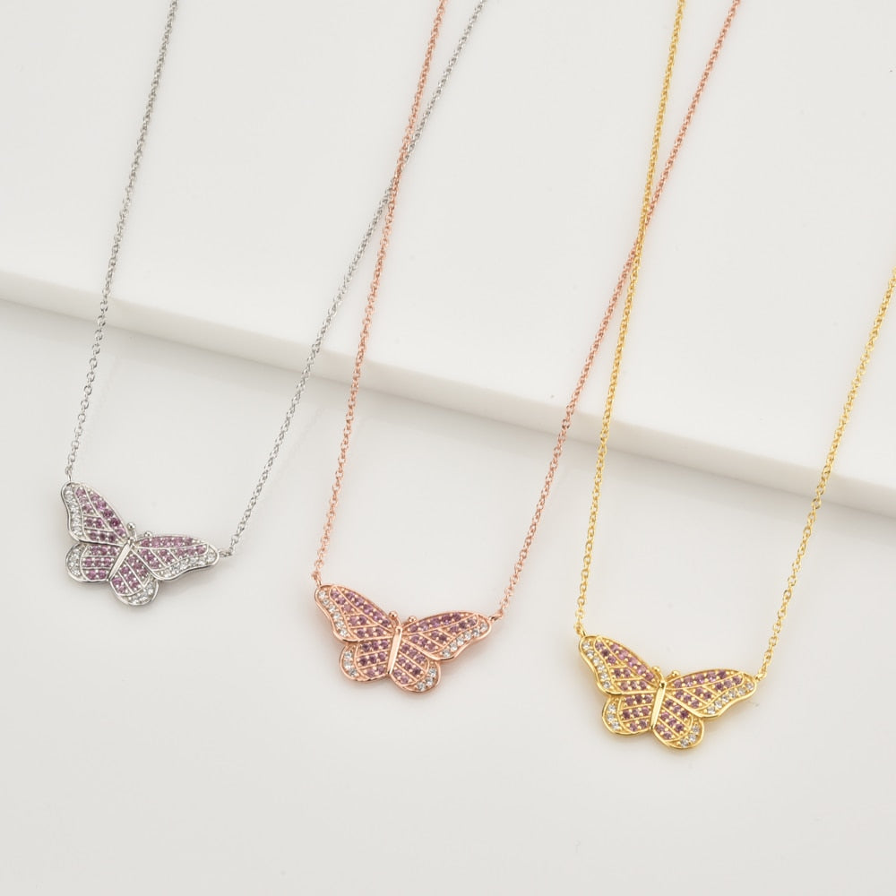 Pink Butterfly Gold Necklace