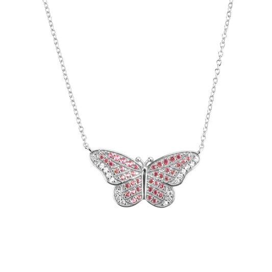 Pink Butterfly Silver Necklace