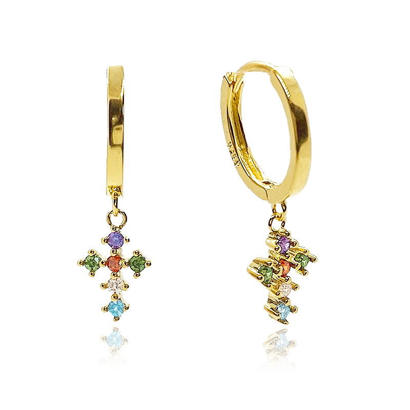 Colorful Gold Cross Hoops