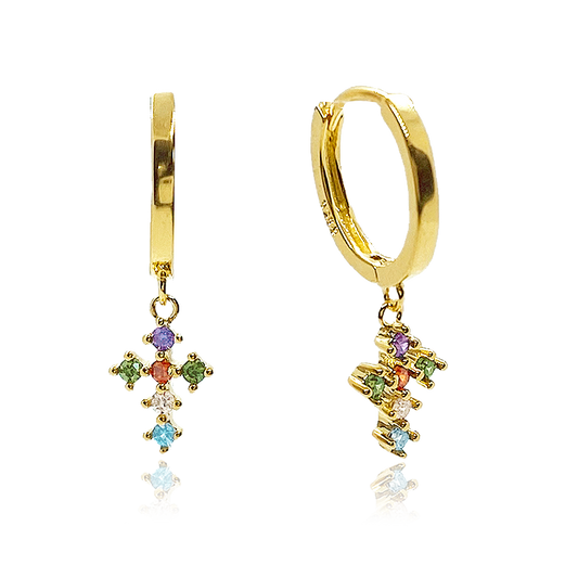 Colorful Gold Cross Hoops