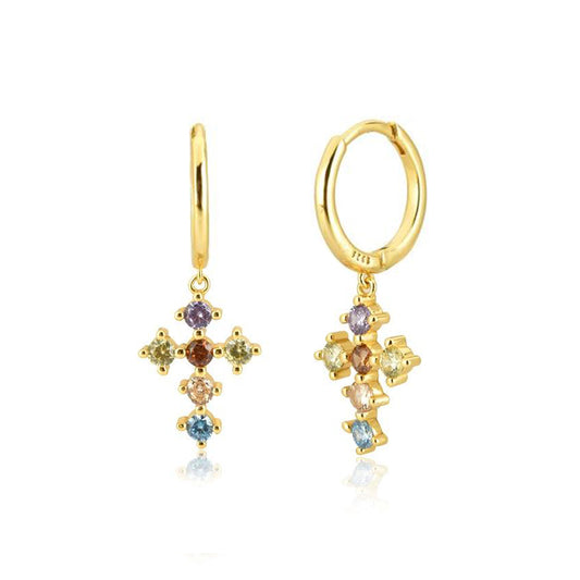Colorful Gold Cross Hoops 