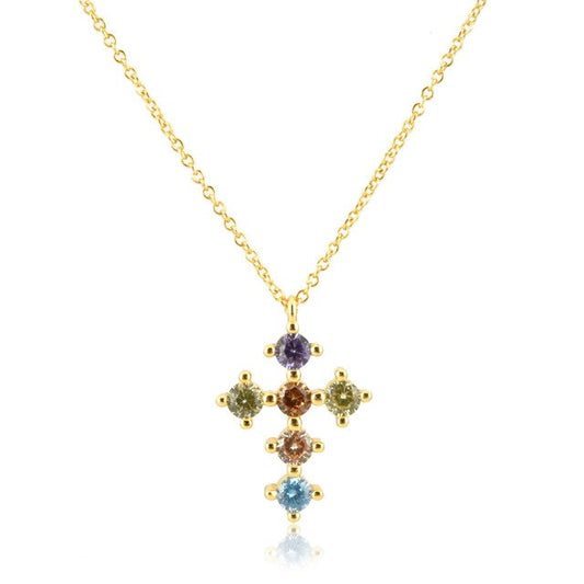 Big Colorful Cross Gold Necklace 