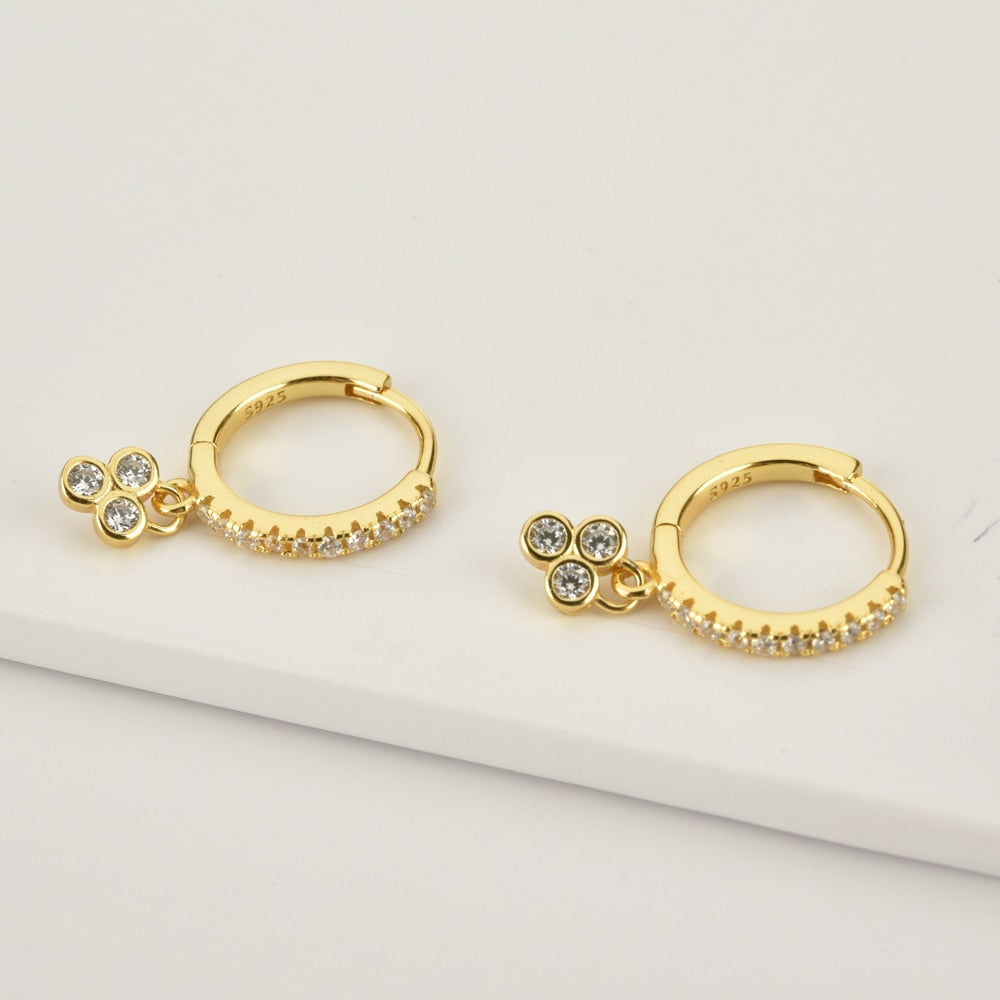 Three White Dots Gold Earrings 