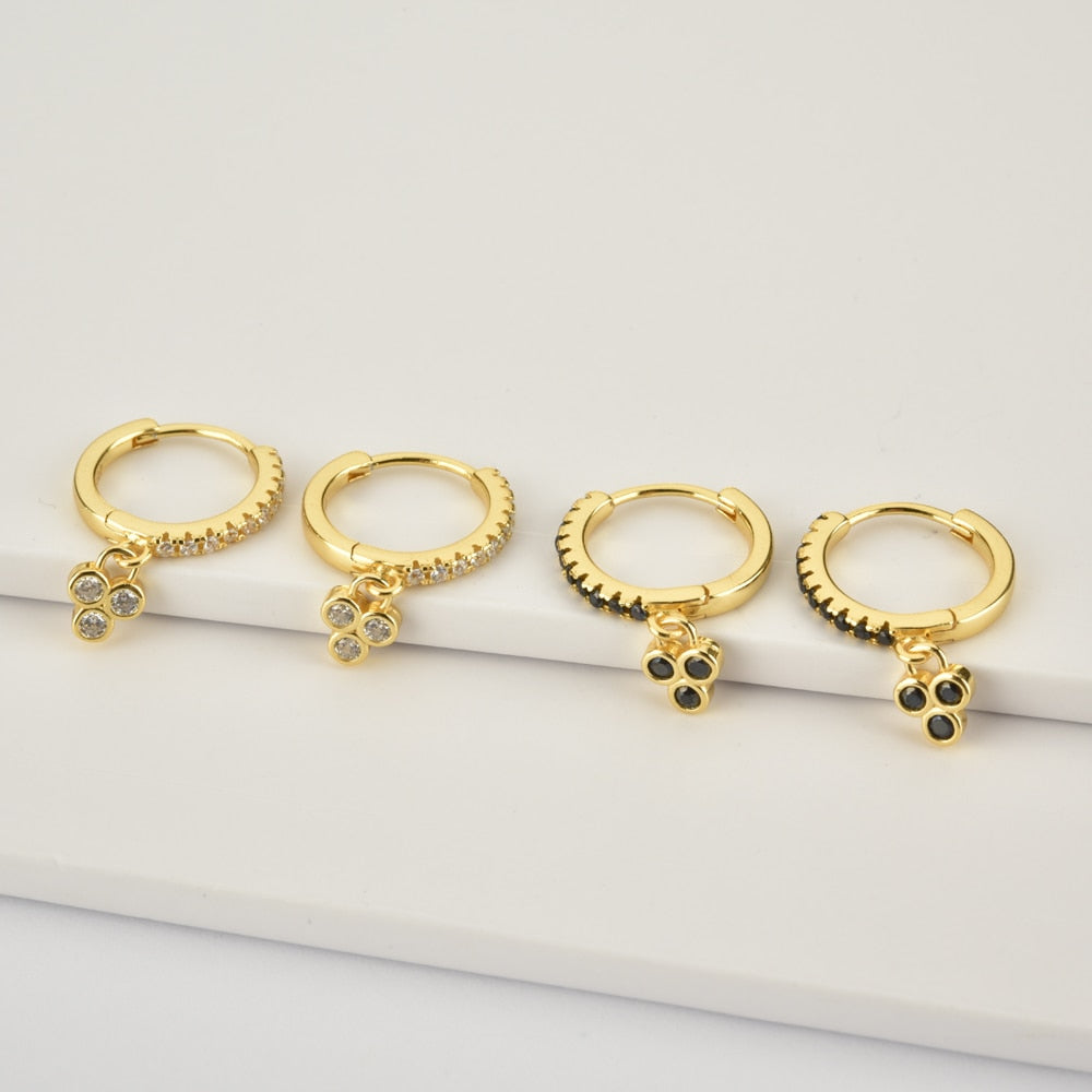 Three White Dots Gold Earrings 