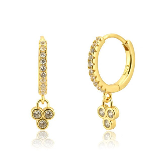 Three White Dots Gold Earrings 