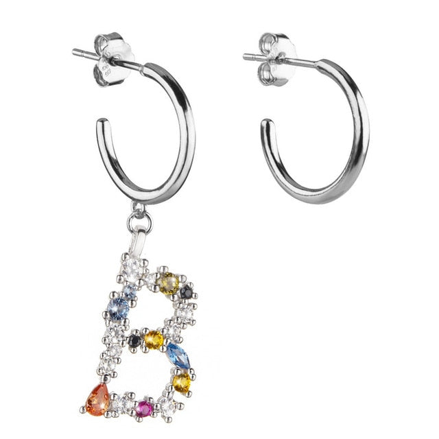 Colorful Initial Silver Hoops 