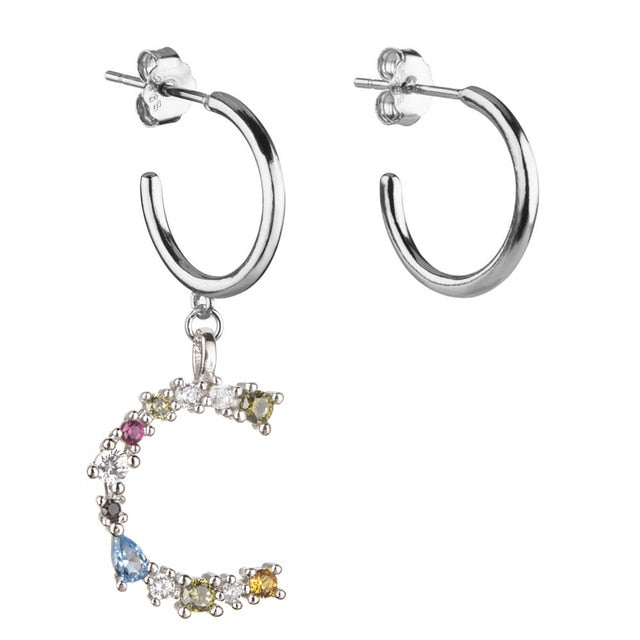 Colorful Initial Silver Hoops 