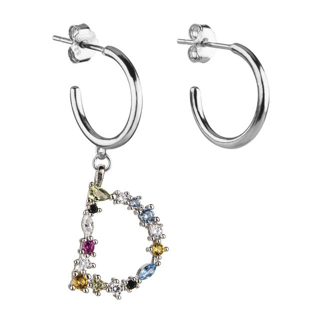 Colorful Initial Silver Hoops 