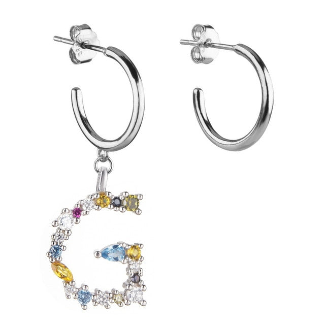 Colorful Initial Silver Hoops 