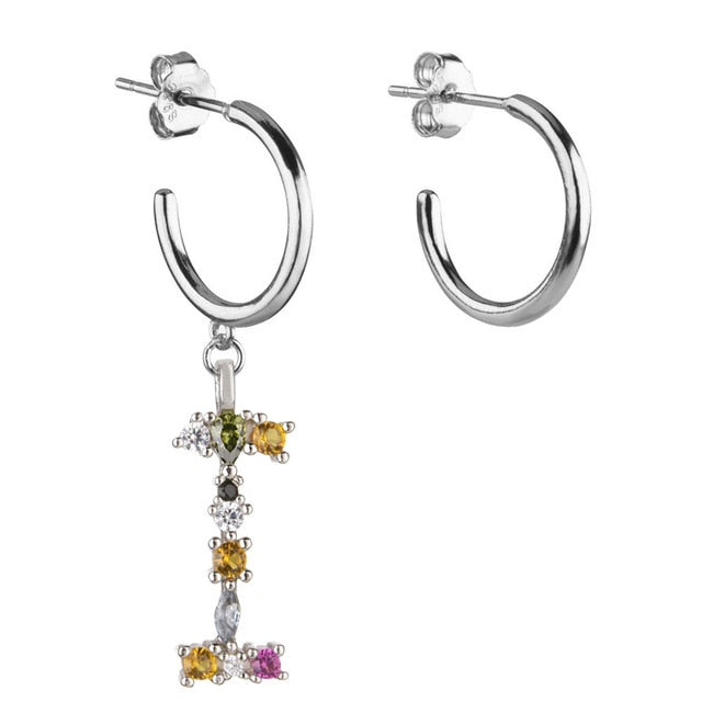 Colorful Initial Silver Hoops 