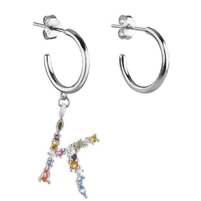 Colorful Initial Silver Hoops 