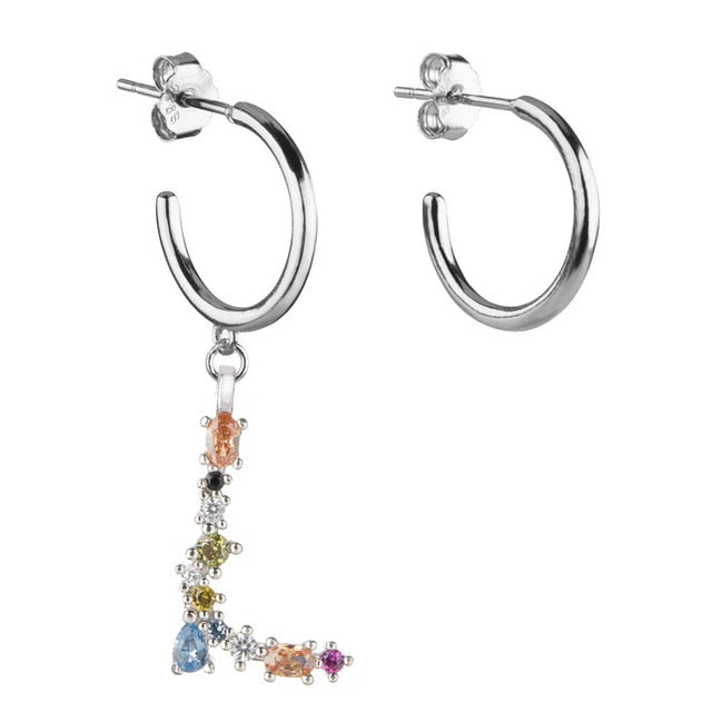 Colorful Initial Silver Hoops 