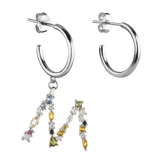 Colorful Initial Silver Hoops 