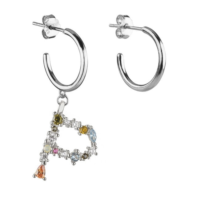 Colorful Initial Silver Hoops 