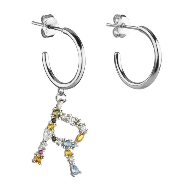 Colorful Initial Silver Hoops 