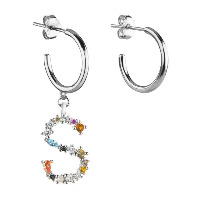 Colorful Initial Silver Hoops 