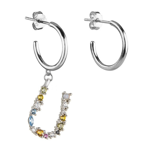 Colorful Initial Silver Hoops 