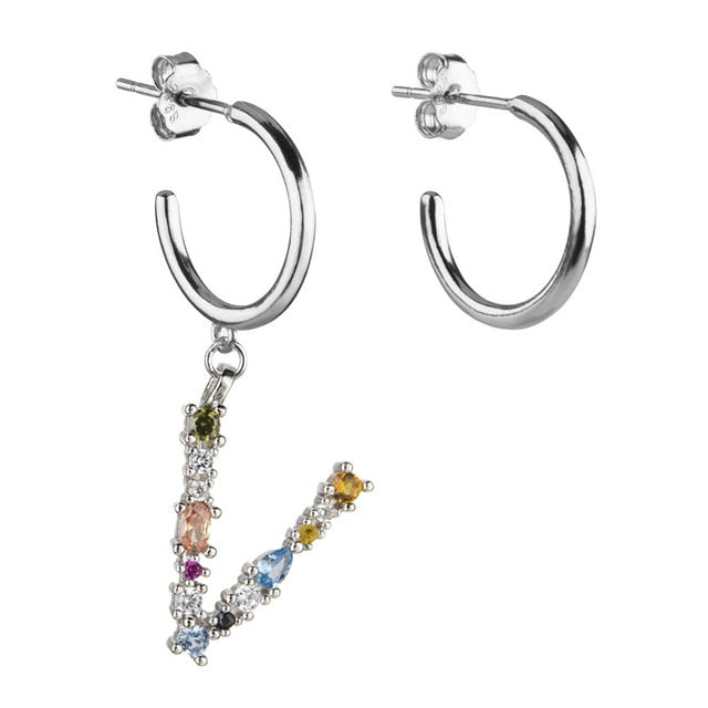 Colorful Initial Silver Hoops 