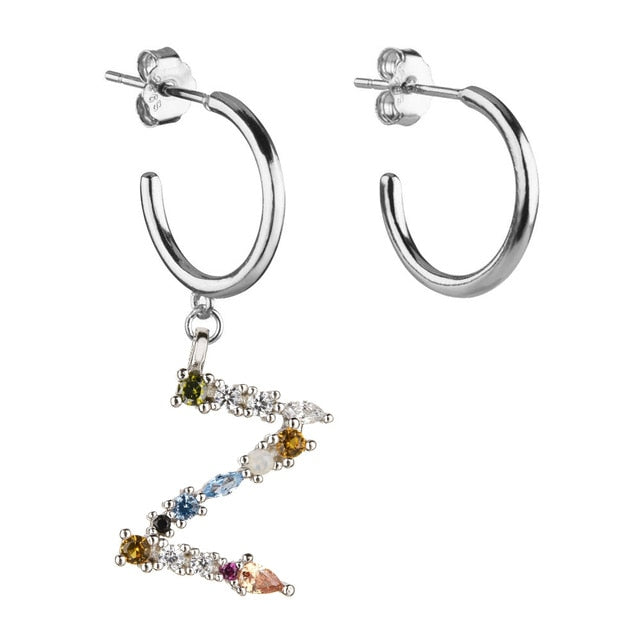 Colorful Initial Silver Hoops 