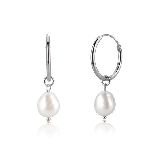 Silver Pearl Hoops 