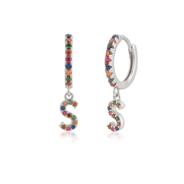 Colorful Initial Silver Hoops 