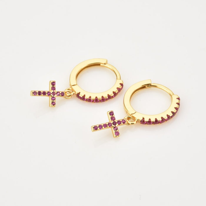 Pink Cross Gold Hoops 