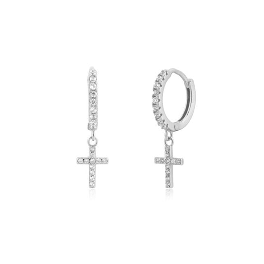 White Cross Silver Hoops 