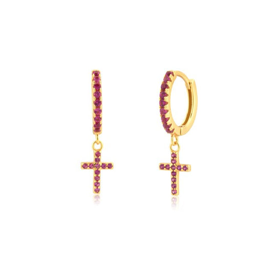 Pink Cross Gold Hoops 