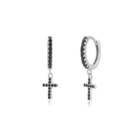 Black Cross Silver Hoops 