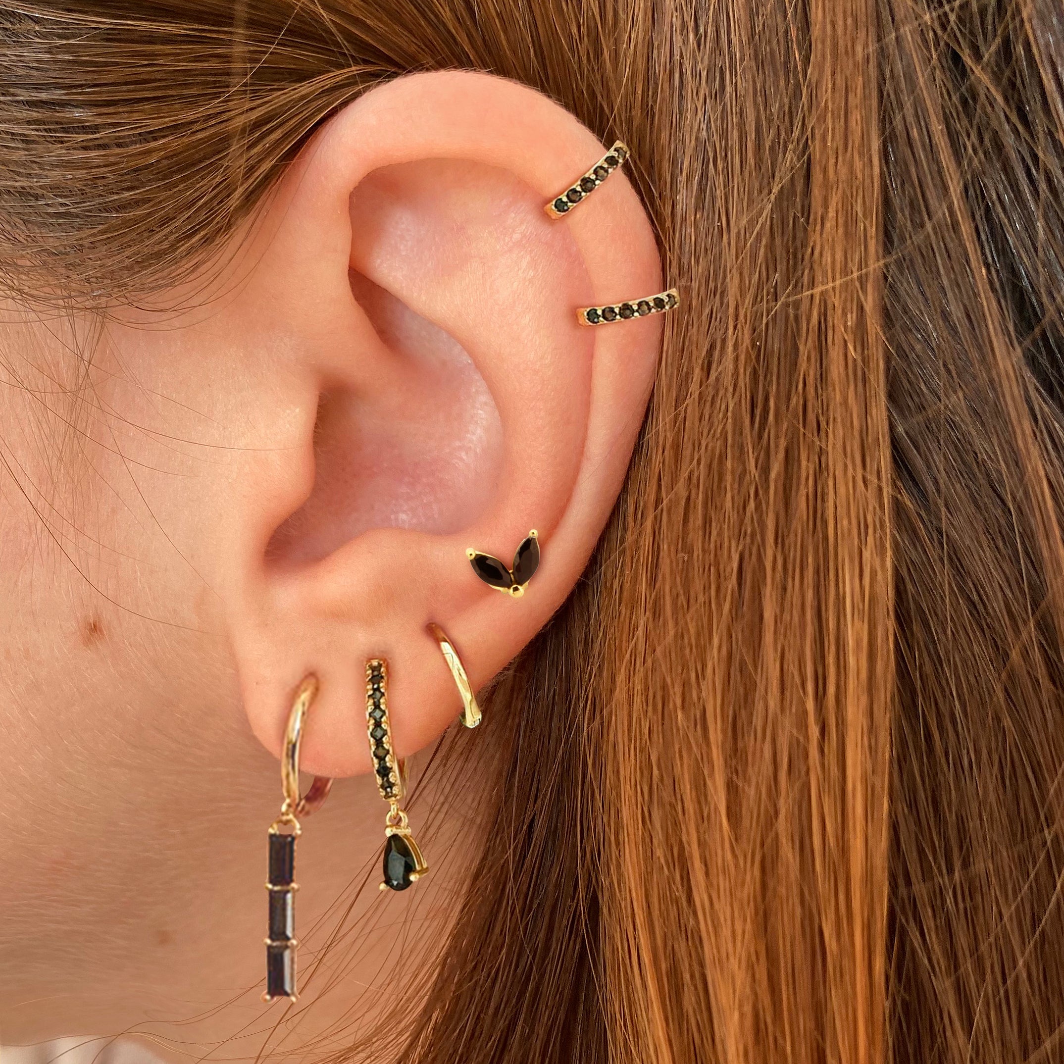 Long Black Phoebe Gold Earrings 